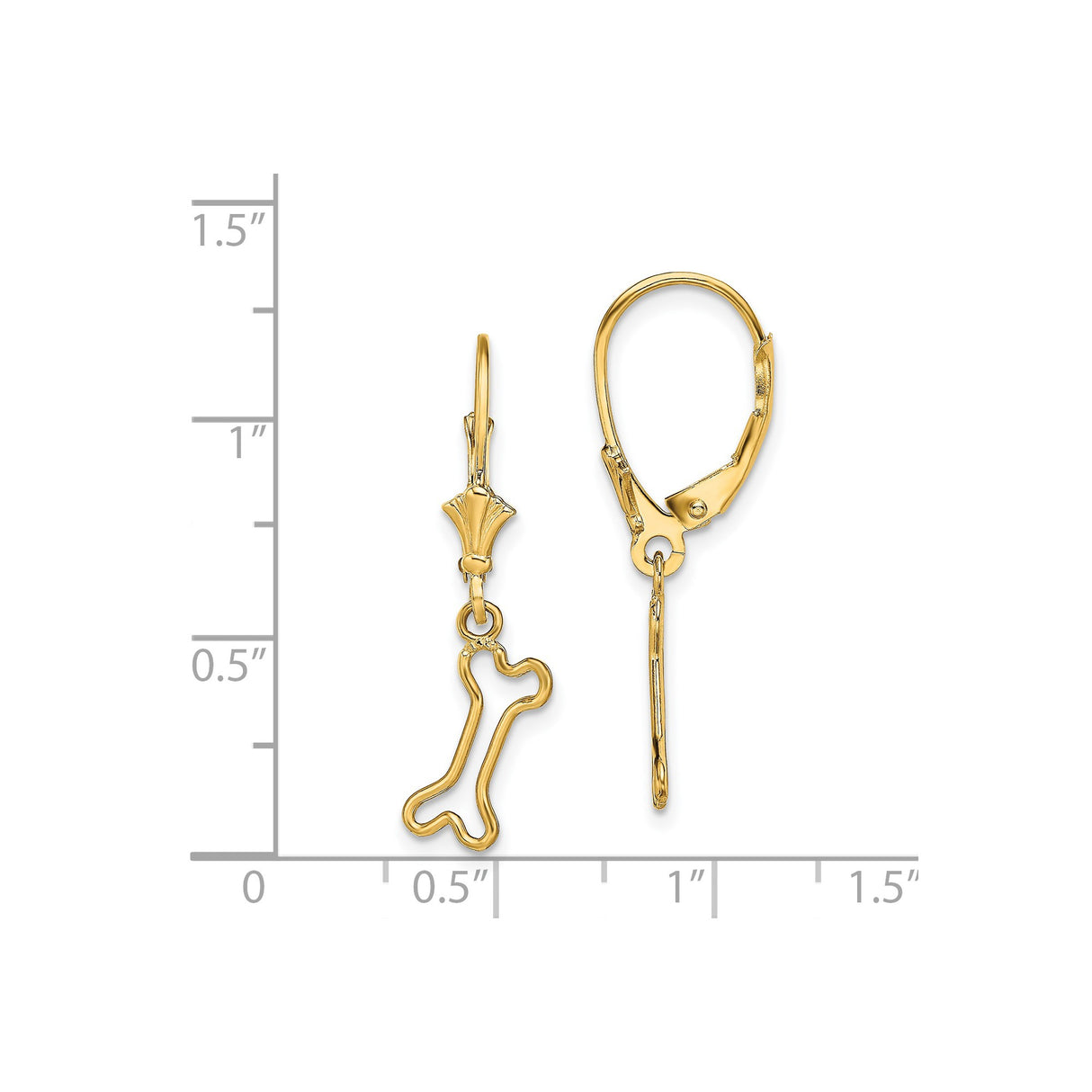 14k Yellow Gold Dangle Earrings with Dog Bone Charm, Leverback Drop Pet Jewelry for Women