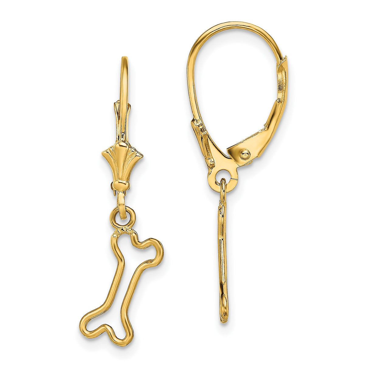 14k Yellow Gold Dangle Earrings with Dog Bone Charm, Leverback Drop Pet Jewelry for Women
