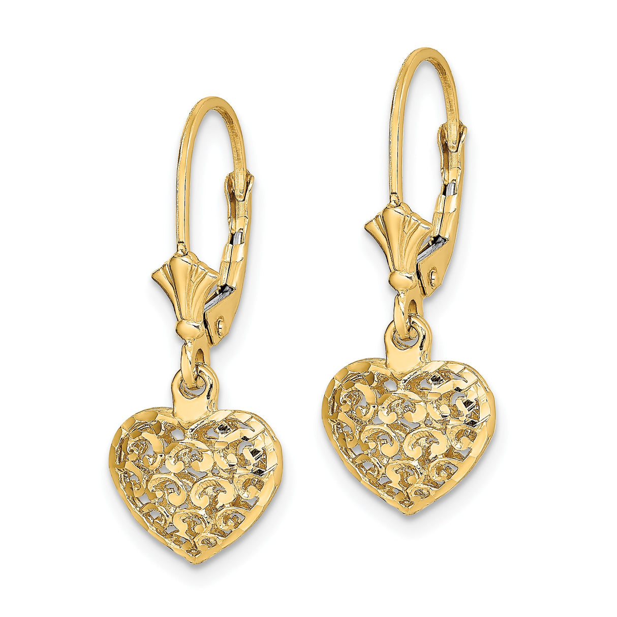 14k Yellow Gold Dangle Heart Earrings, Openwork Floral Scroll Design, Leverback Closure