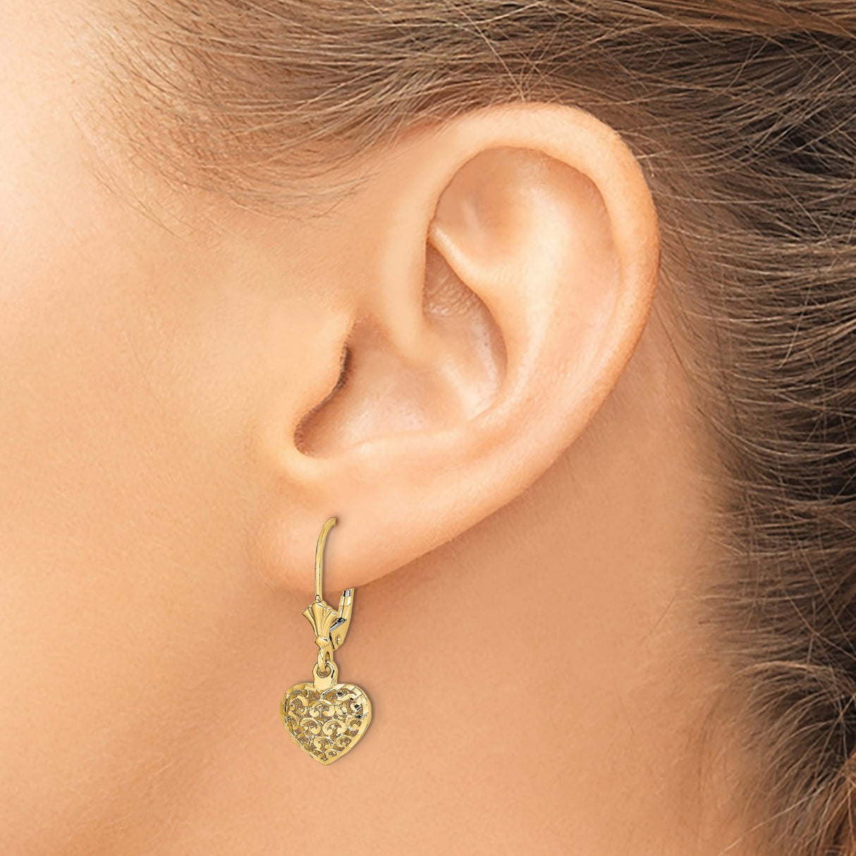 14k Yellow Gold Dangle Heart Earrings, Openwork Floral Scroll Design, Leverback Closure