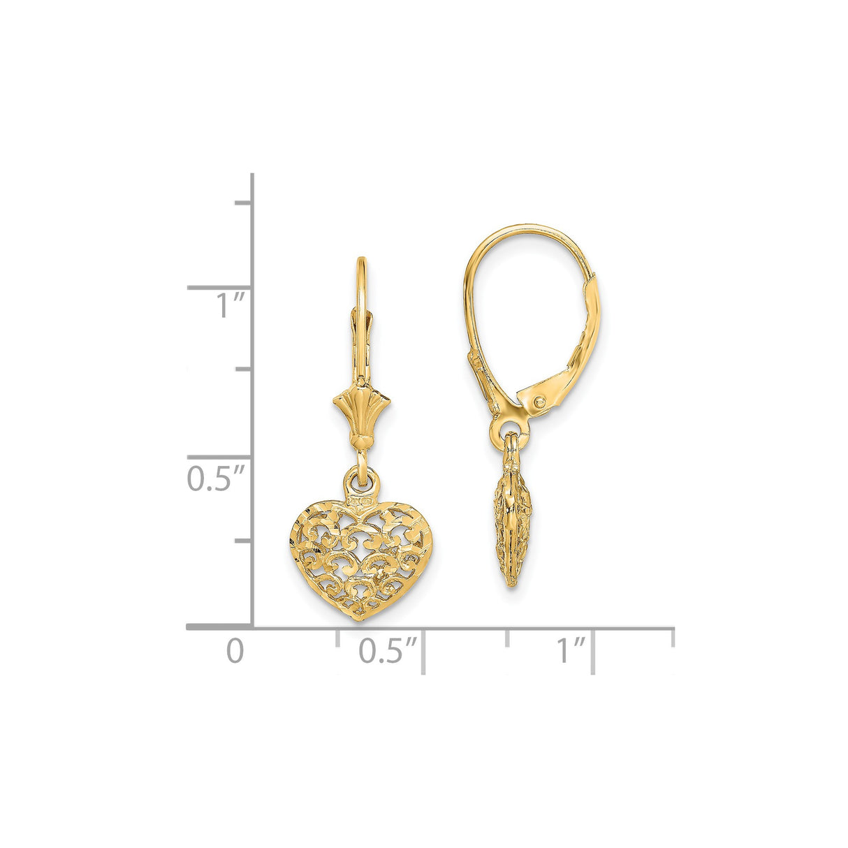 14k Yellow Gold Dangle Heart Earrings, Openwork Floral Scroll Design, Leverback Closure