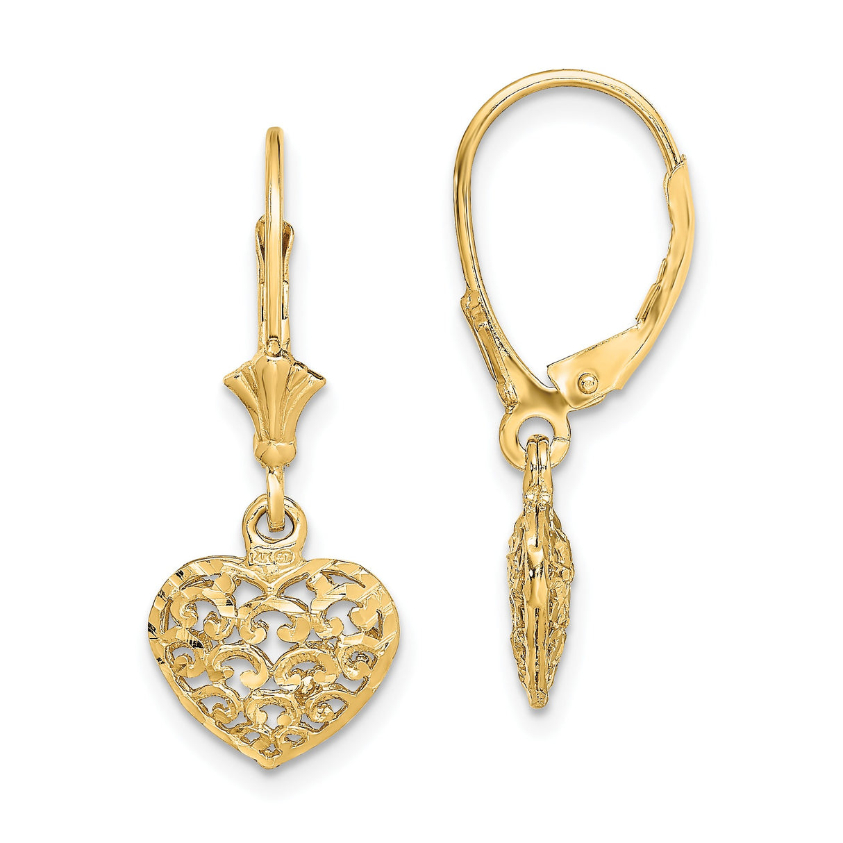 14k Yellow Gold Dangle Heart Earrings, Openwork Floral Scroll Design, Leverback Closure