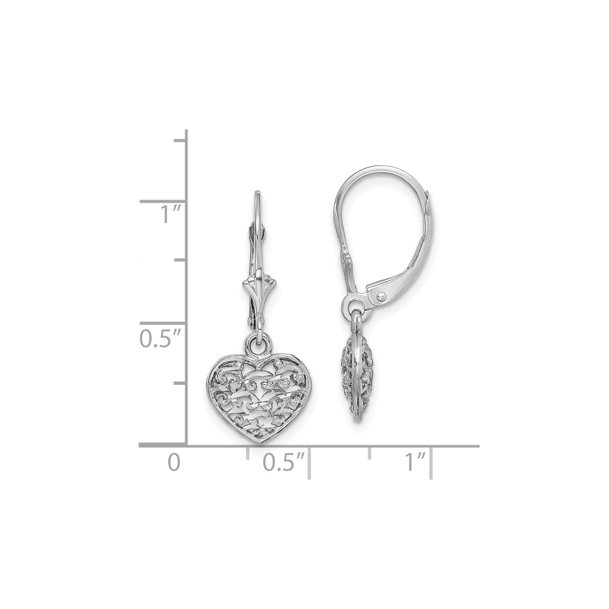 14k White Gold Heart Dangle Earrings with Leverback Closure and Filigree Scrollwork Design