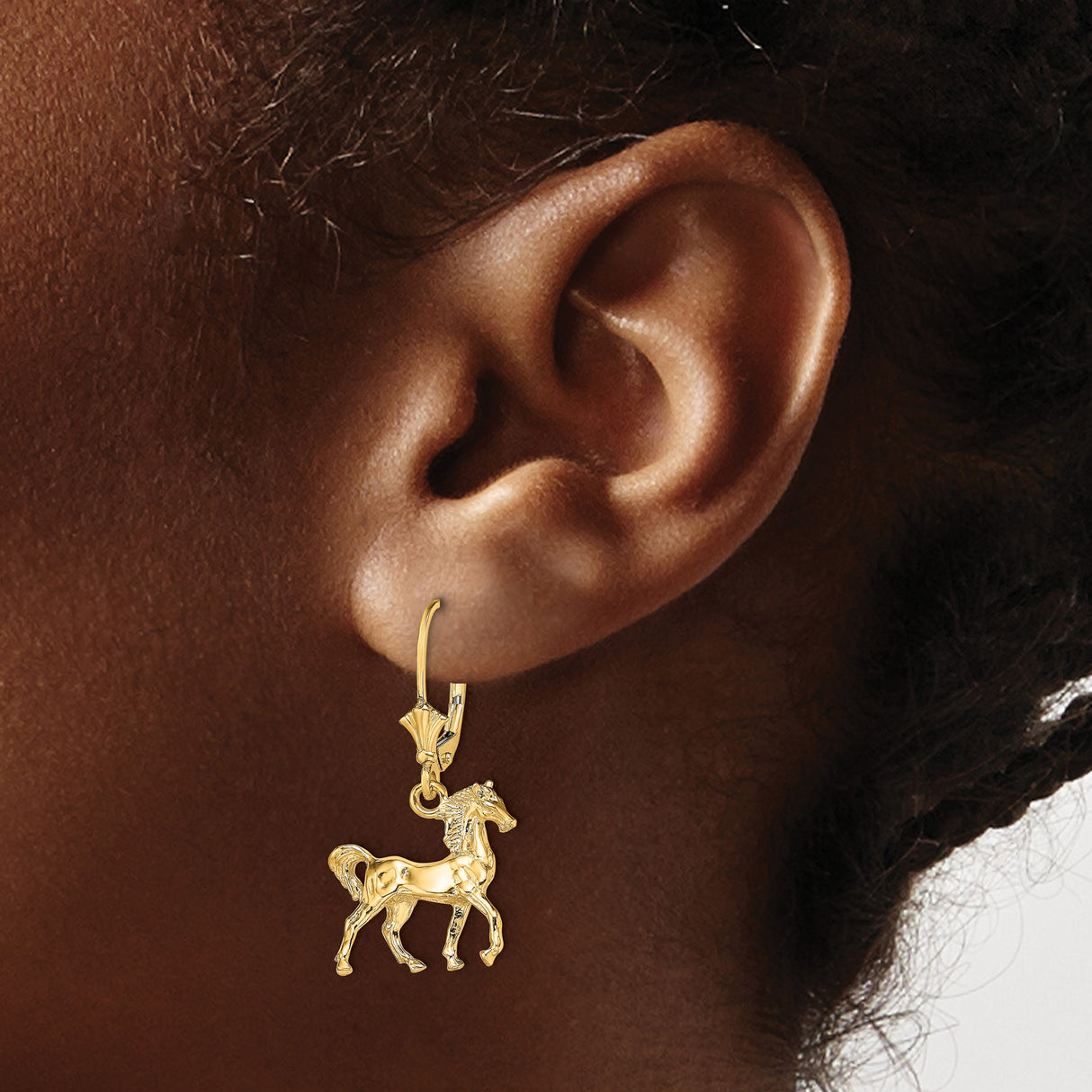 14k Yellow Gold Dangle Earrings with Prancing Horse Charms, Equestrian Western Style for Women
