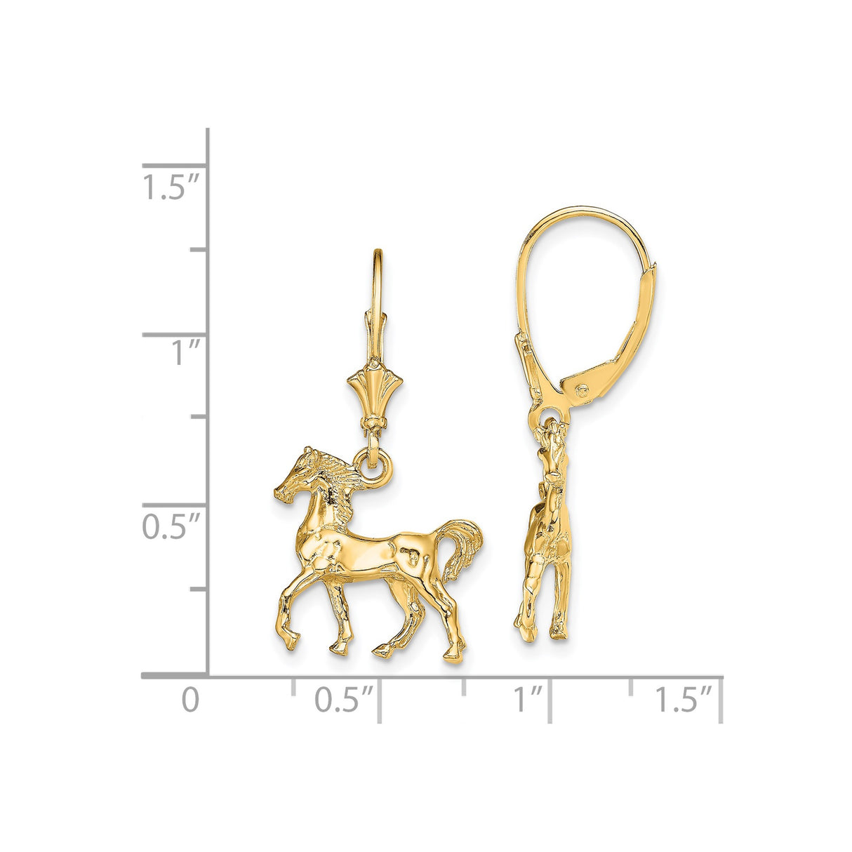 14k Yellow Gold Dangle Earrings with Prancing Horse Charms, Equestrian Western Style for Women