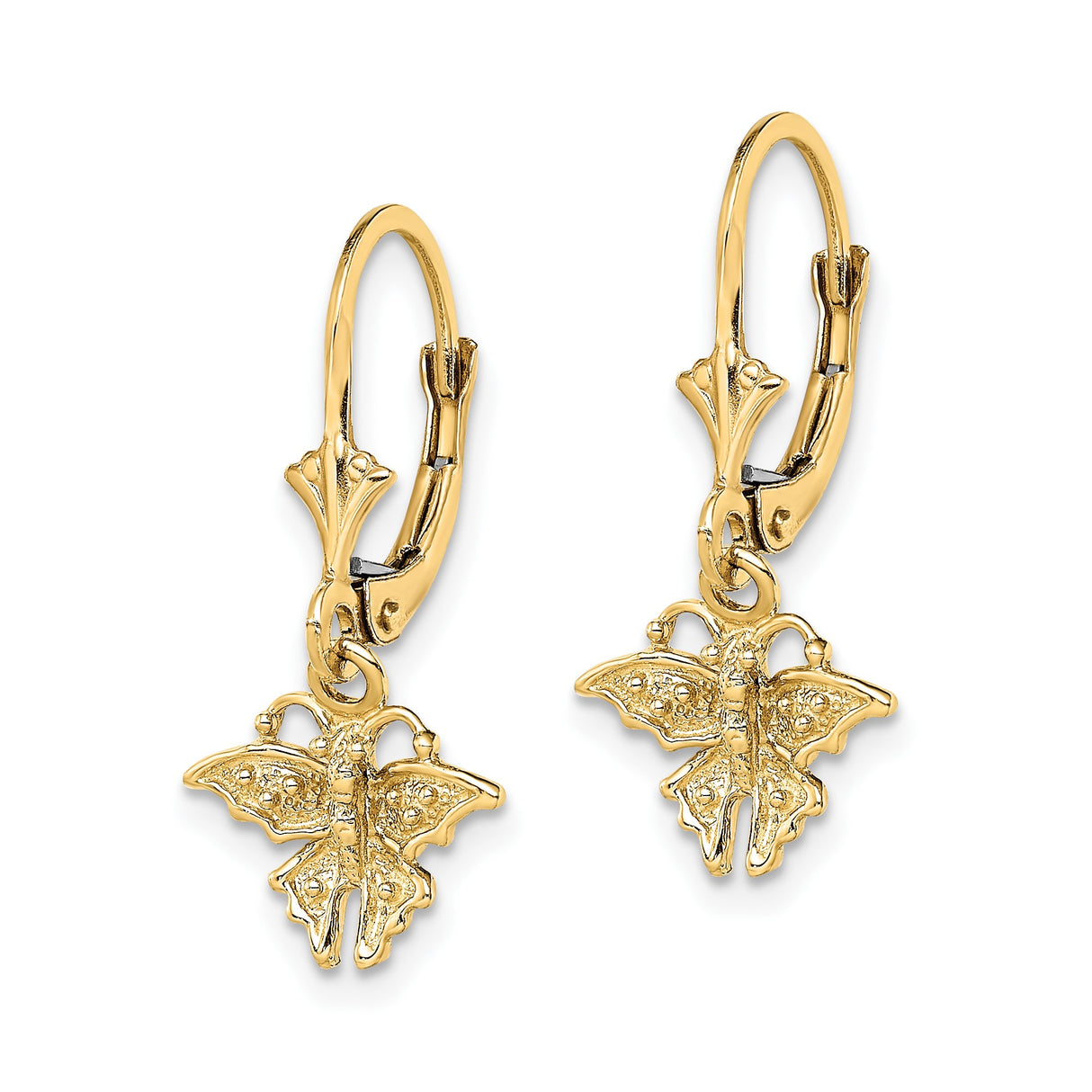 14k Yellow Gold Butterfly Dangle Leverback Earrings, Delicate Drop Charm Design for Women