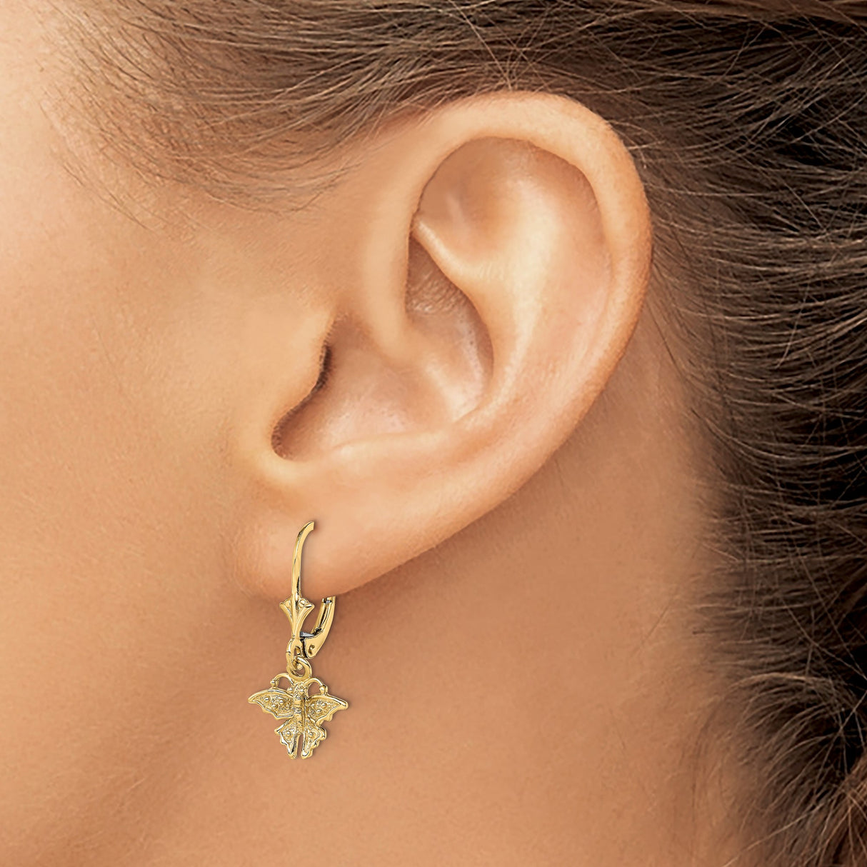 14k Yellow Gold Butterfly Dangle Leverback Earrings, Delicate Drop Charm Design for Women