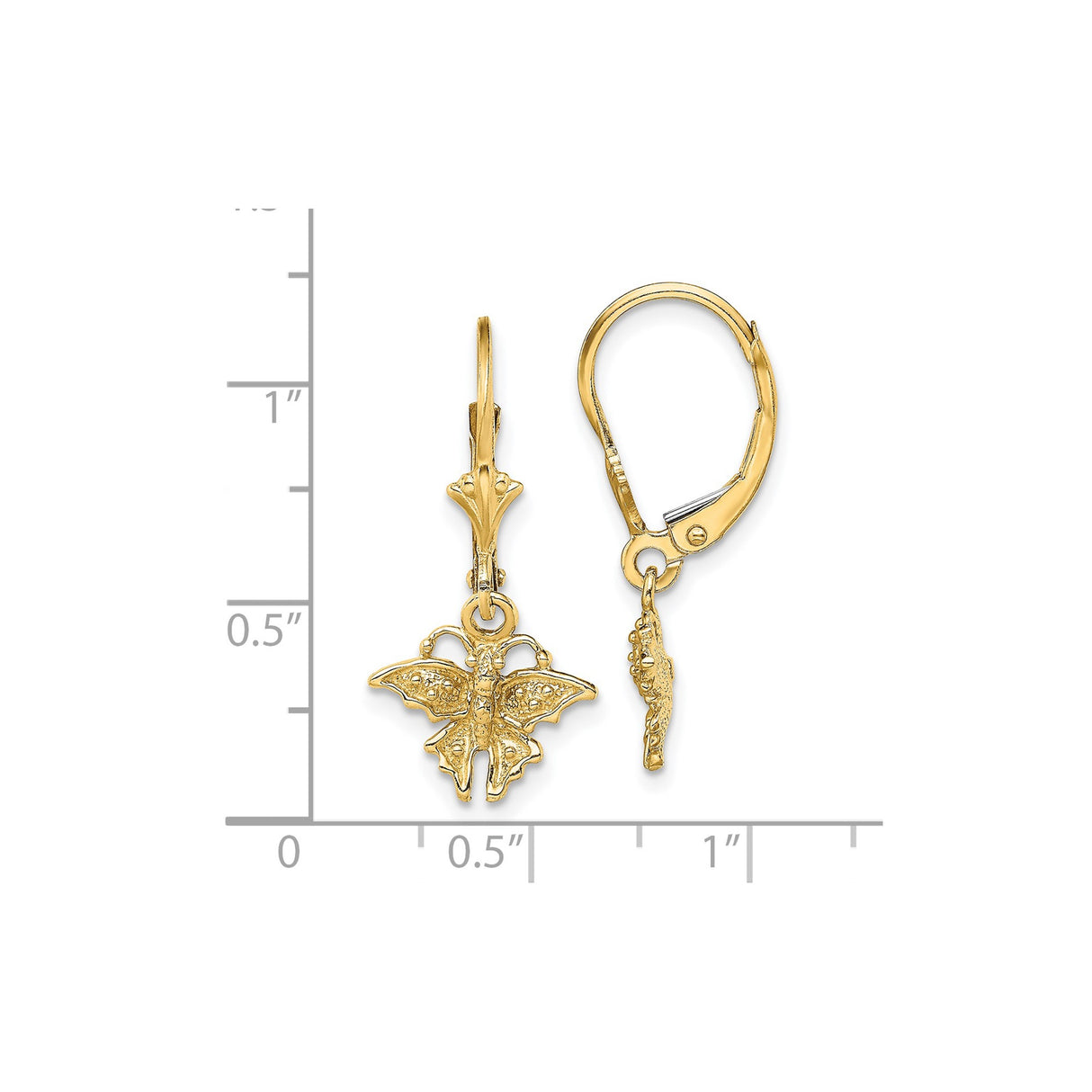 14k Yellow Gold Butterfly Dangle Leverback Earrings, Delicate Drop Charm Design for Women