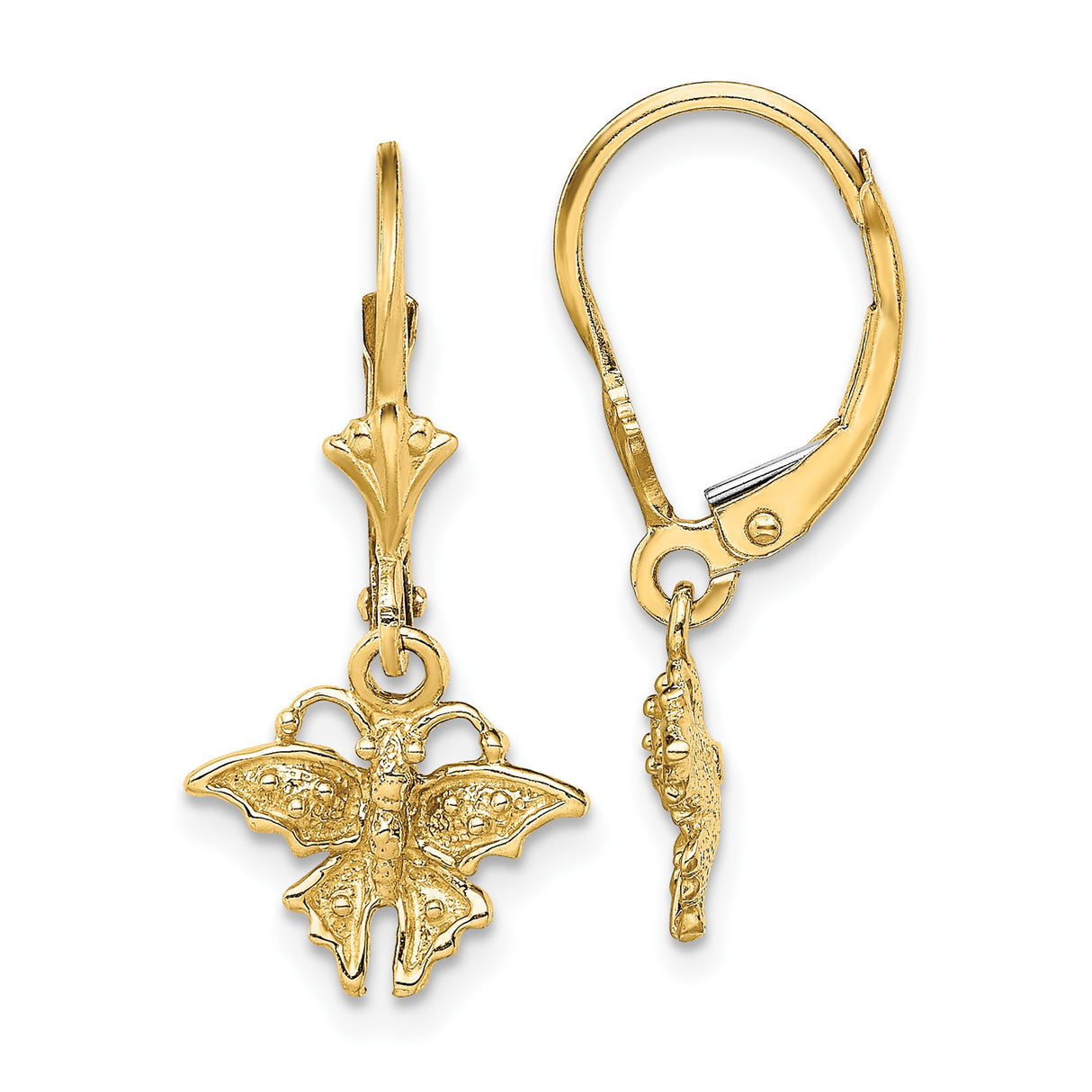 14k Yellow Gold Butterfly Dangle Leverback Earrings, Delicate Drop Charm Design for Women