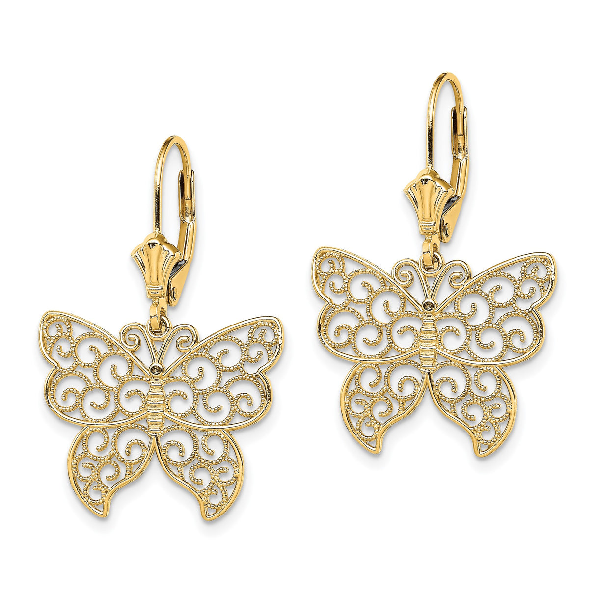 14k Yellow Gold Butterfly Dangle Earrings with Filigree Design, Leverback Style for Women