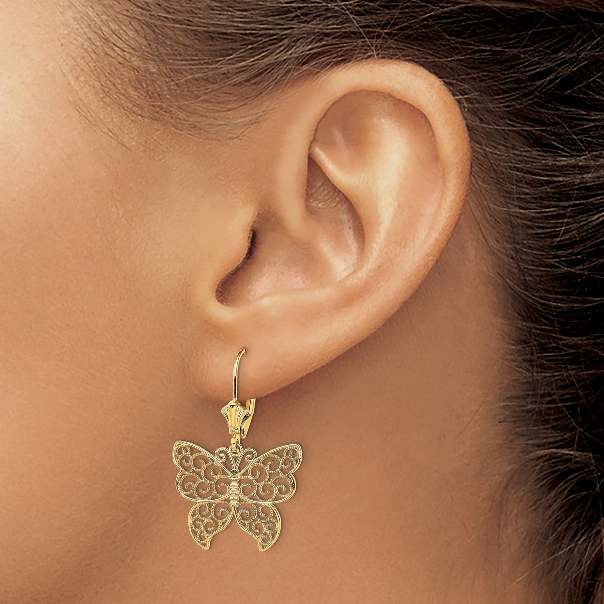 14k Yellow Gold Butterfly Dangle Earrings with Filigree Design, Leverback Style for Women