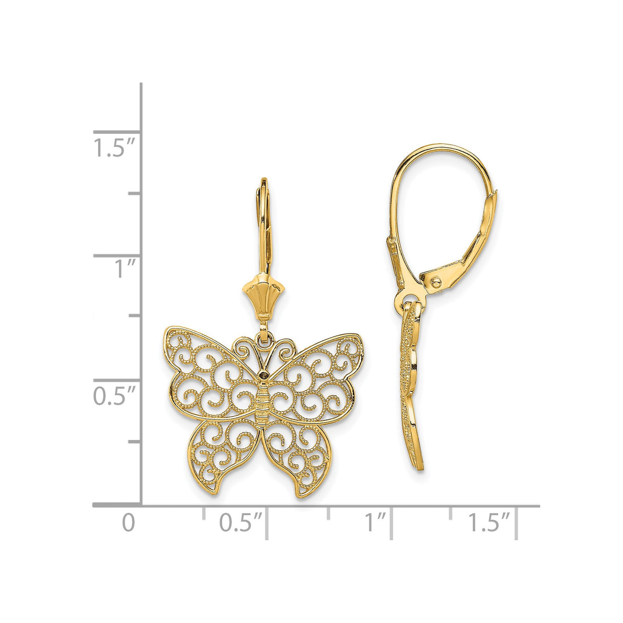 14k Yellow Gold Butterfly Dangle Earrings with Filigree Design, Leverback Style for Women