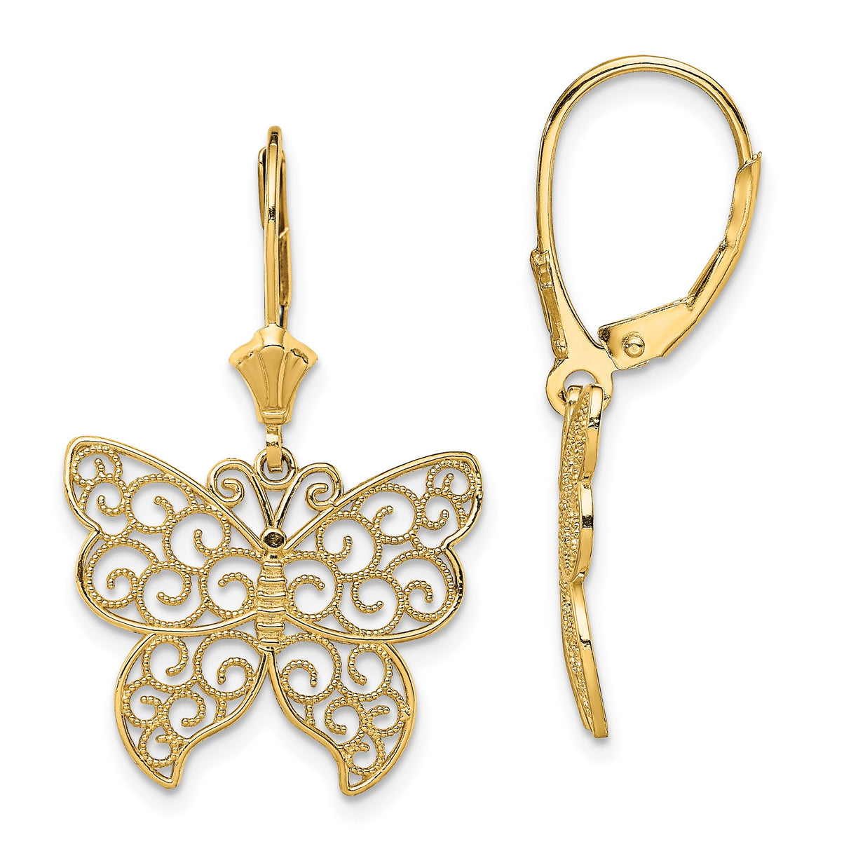 14k Yellow Gold Butterfly Dangle Earrings with Filigree Design, Leverback Style for Women