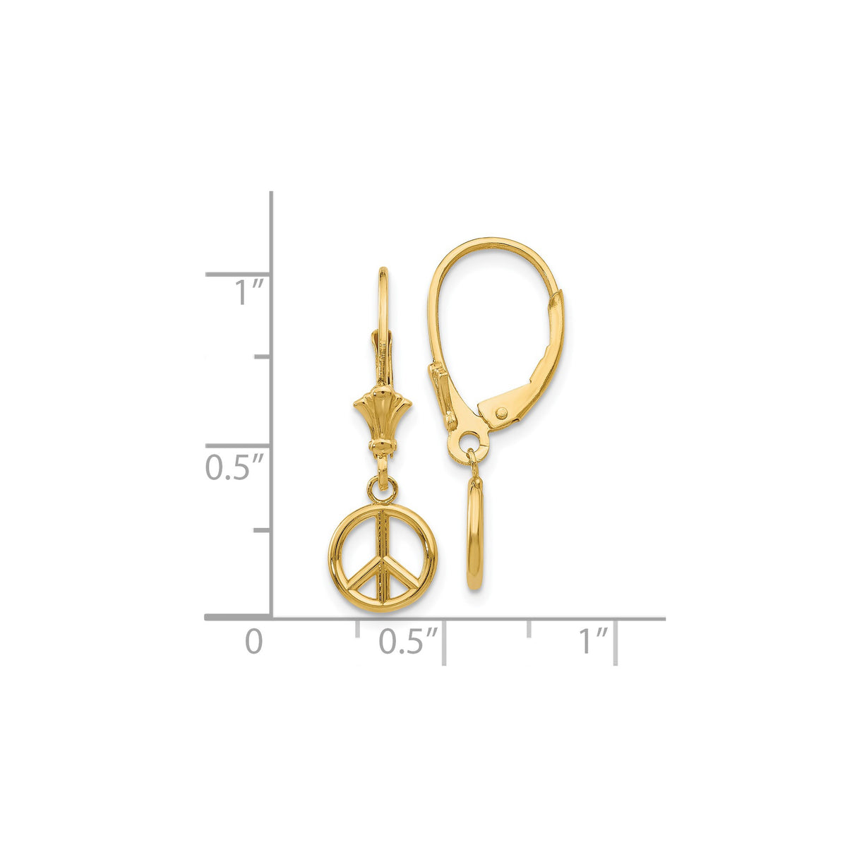 14k Yellow Gold Dangle Earrings with Peace Sign Charm, Leverback Boho Drop Style for Women