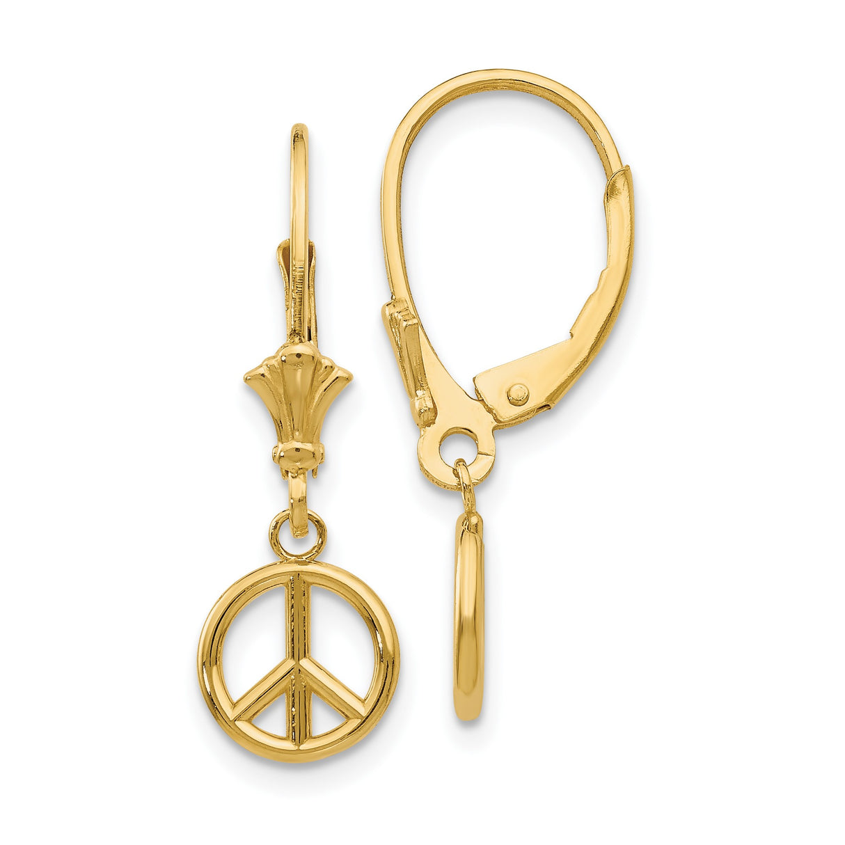 14k Yellow Gold Dangle Earrings with Peace Sign Charm, Leverback Boho Drop Style for Women