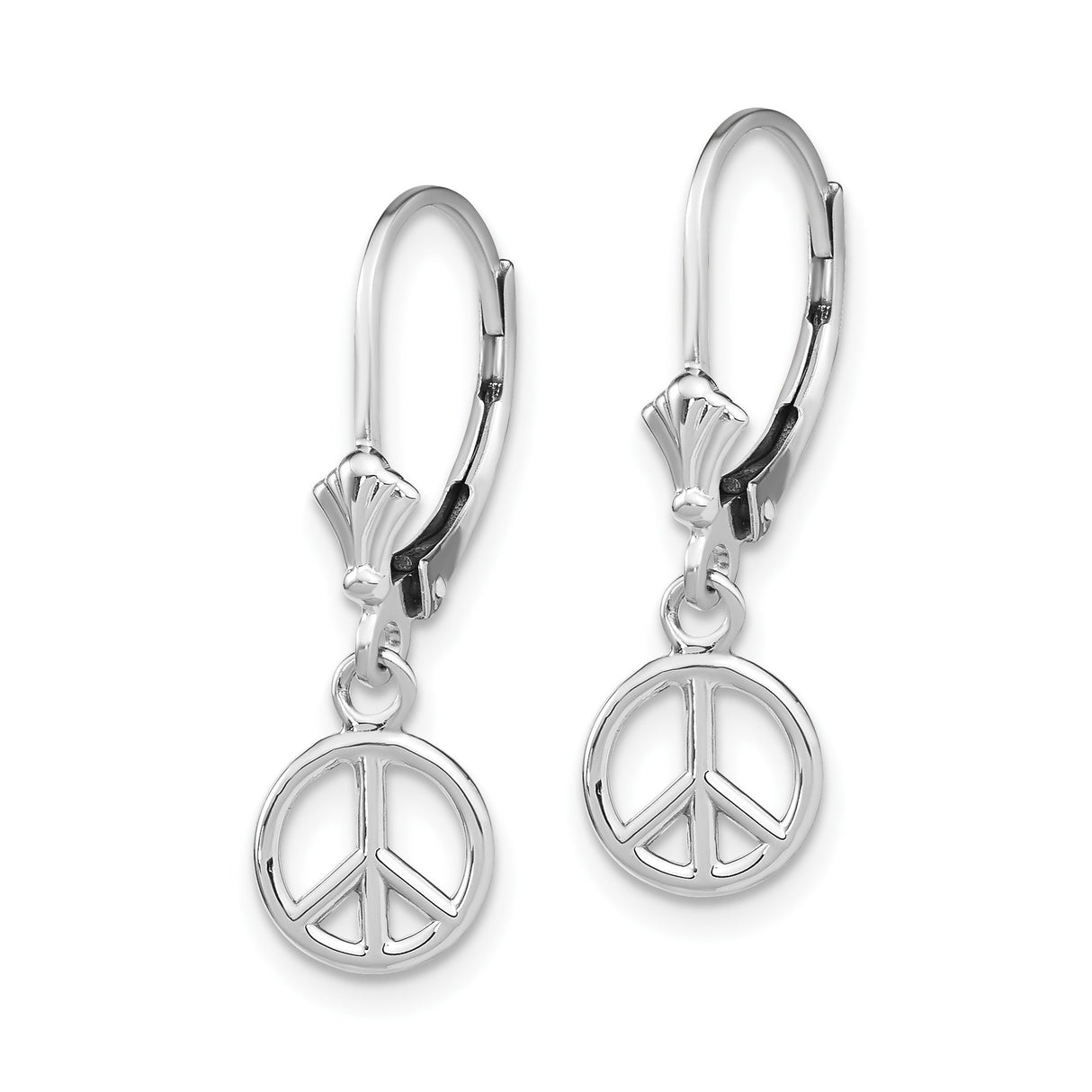 14k White Gold Peace Sign Dangle Earrings, Leverback, Bohemian Spiritual Style for Women