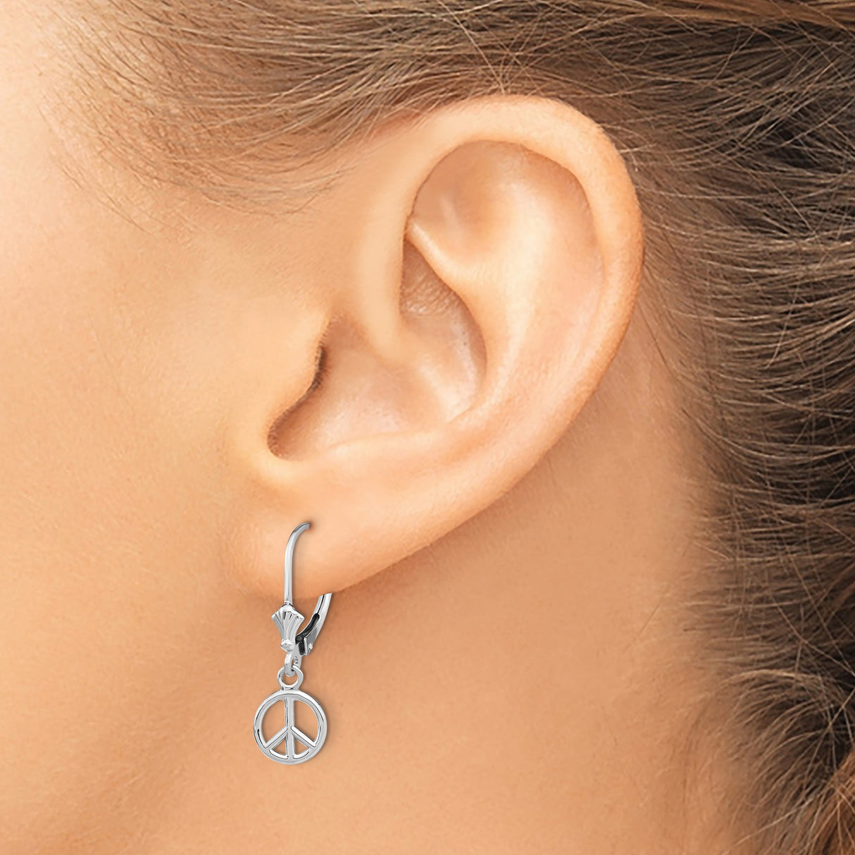 14k White Gold Peace Sign Dangle Earrings, Leverback, Bohemian Spiritual Style for Women