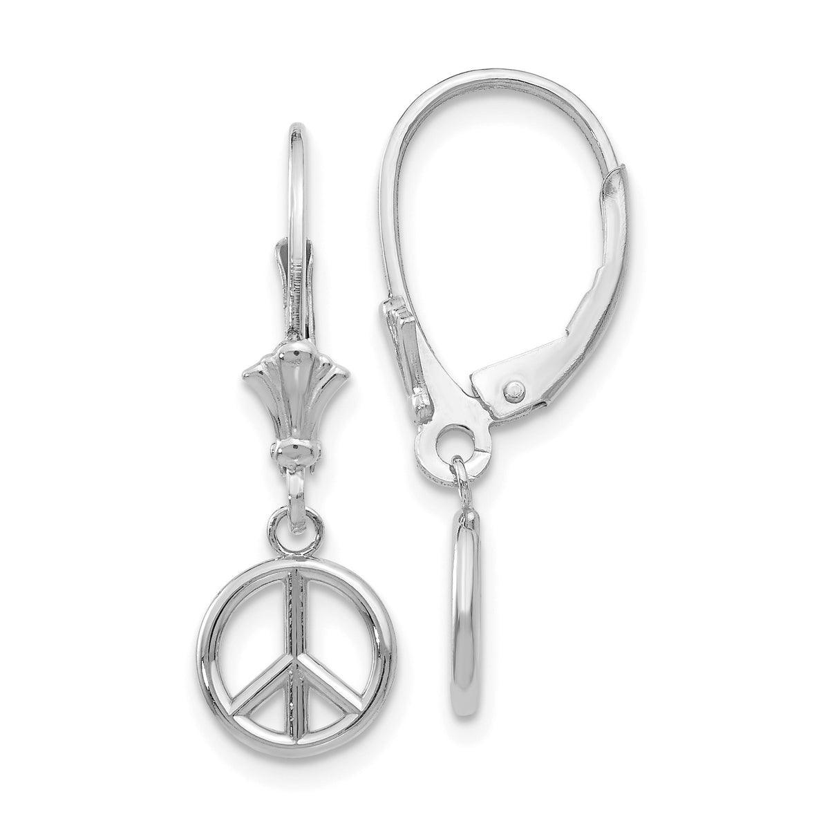14k White Gold Dangle Earrings with Peace Sign Charm, Boho Inspired Leverback Drops for Women