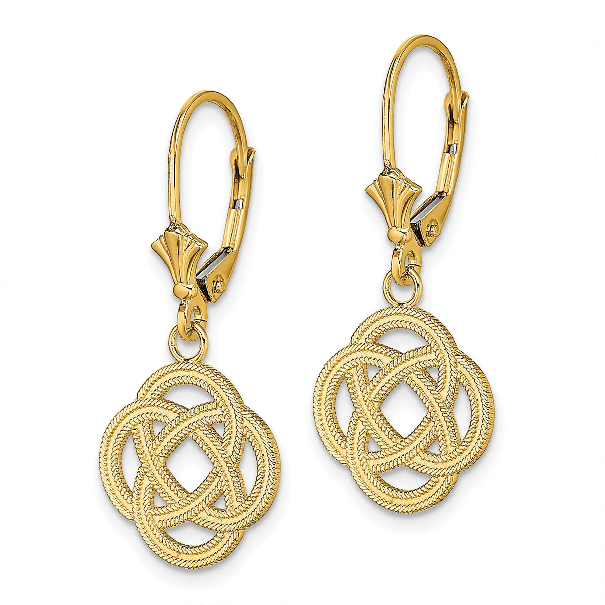 14k Yellow Gold Dangle Earrings, Celtic Knot Design, Leverback Drop, Rope Texture Detail