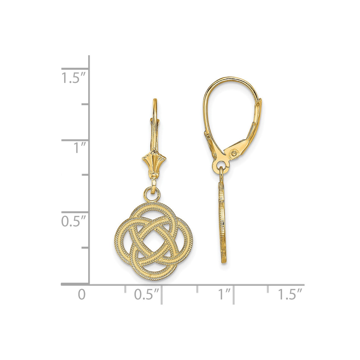 14k Yellow Gold Dangle Earrings, Celtic Knot Design, Leverback Drop, Rope Texture Detail