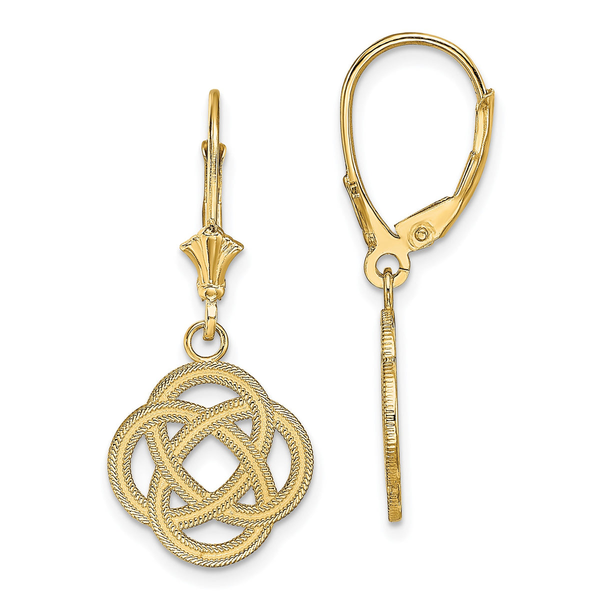 14k Yellow Gold Dangle Earrings, Celtic Knot Design, Leverback Drop, Rope Texture Detail