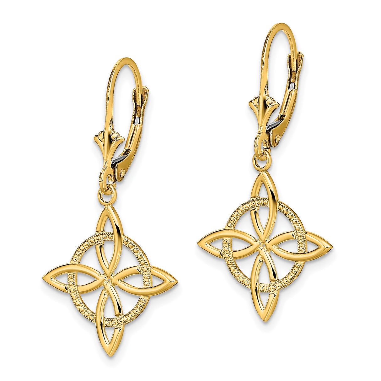 14k Yellow Gold Dangle Earrings with Celtic Knot Floral Design and Leverback Closure