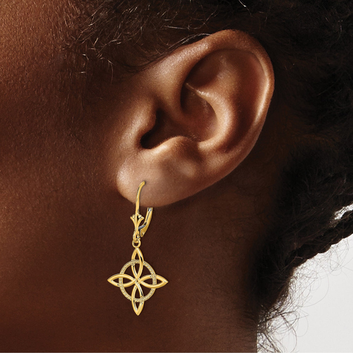 14k Yellow Gold Dangle Earrings with Celtic Knot Floral Design and Leverback Closure