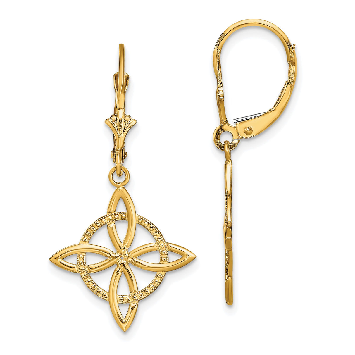 14k Yellow Gold Dangle Earrings with Celtic Knot Floral Design and Leverback Closure