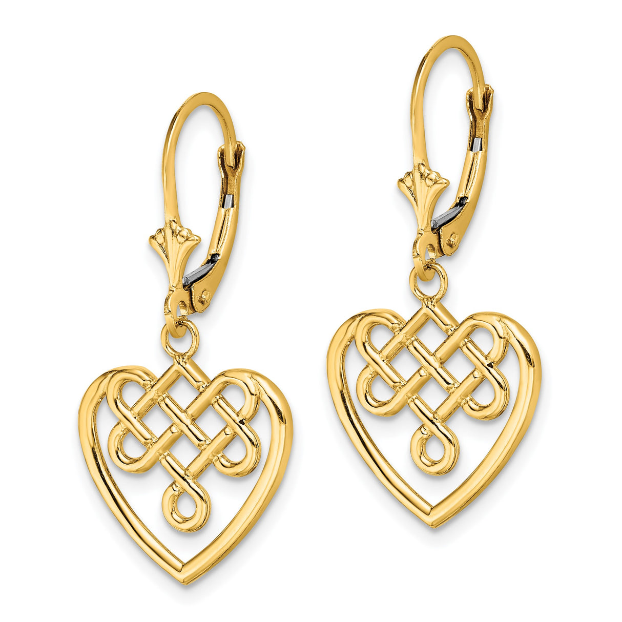 14k Yellow Gold Dangle Earrings with Open Heart and Celtic Knot Design
