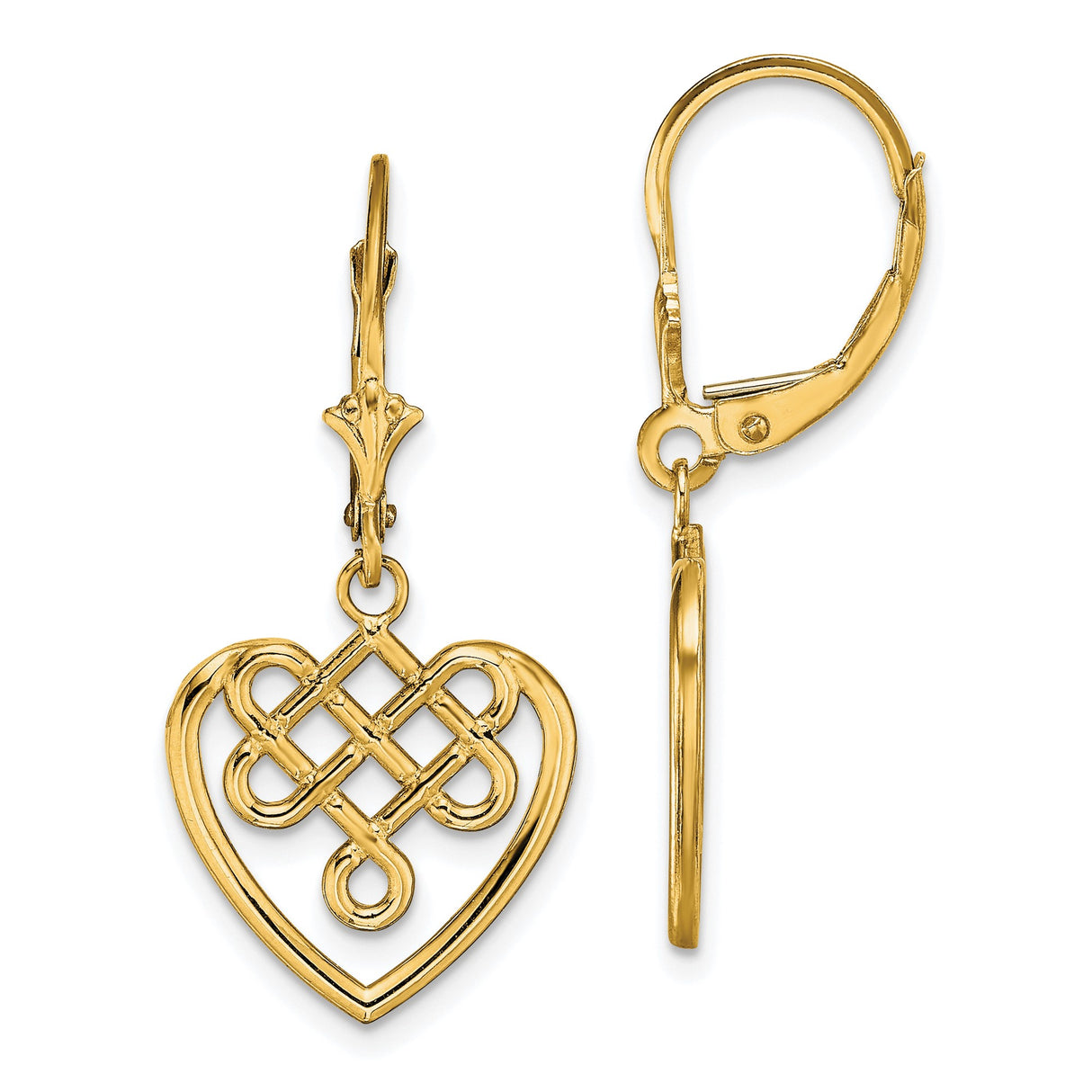 14k Yellow Gold Dangle Earrings with Open Heart and Celtic Knot Design