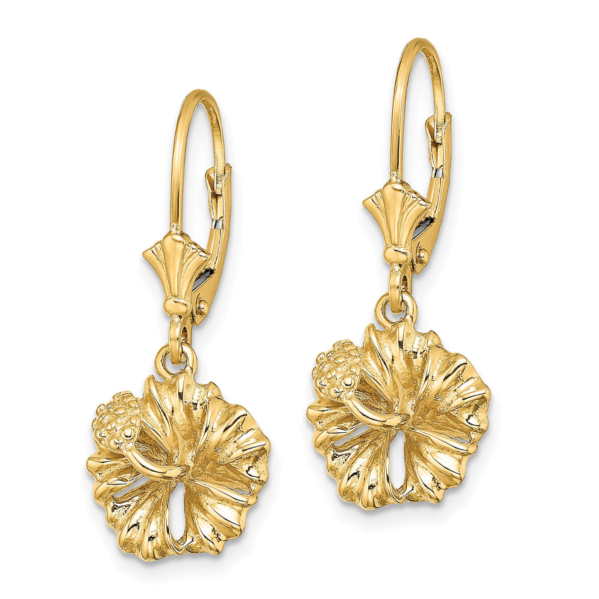 14k Yellow Gold Leverback Earrings with Hibiscus Flower Charms, Tropical Floral Design