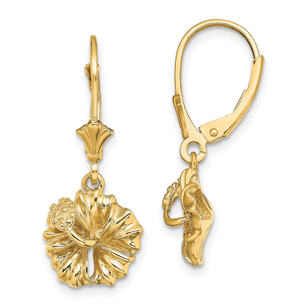 14k Yellow Gold Leverback Earrings with Hibiscus Flower Charms, Tropical Floral Design