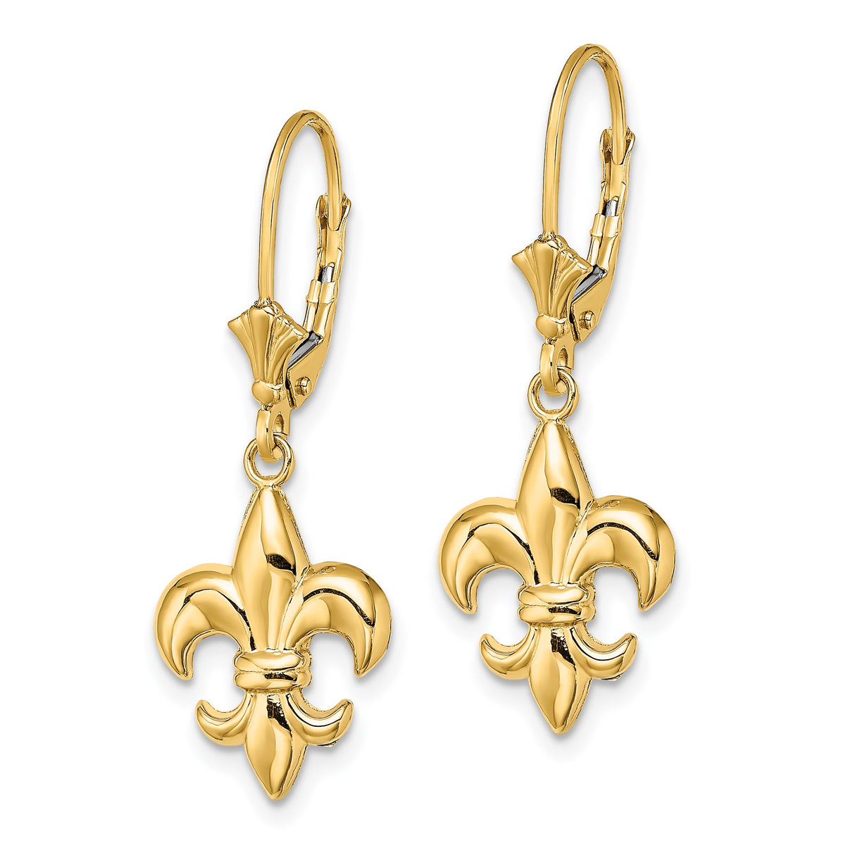 14k Yellow Gold Fleur-de-Lis Leverback Earrings, French Heritage Dangle Jewelry for Women