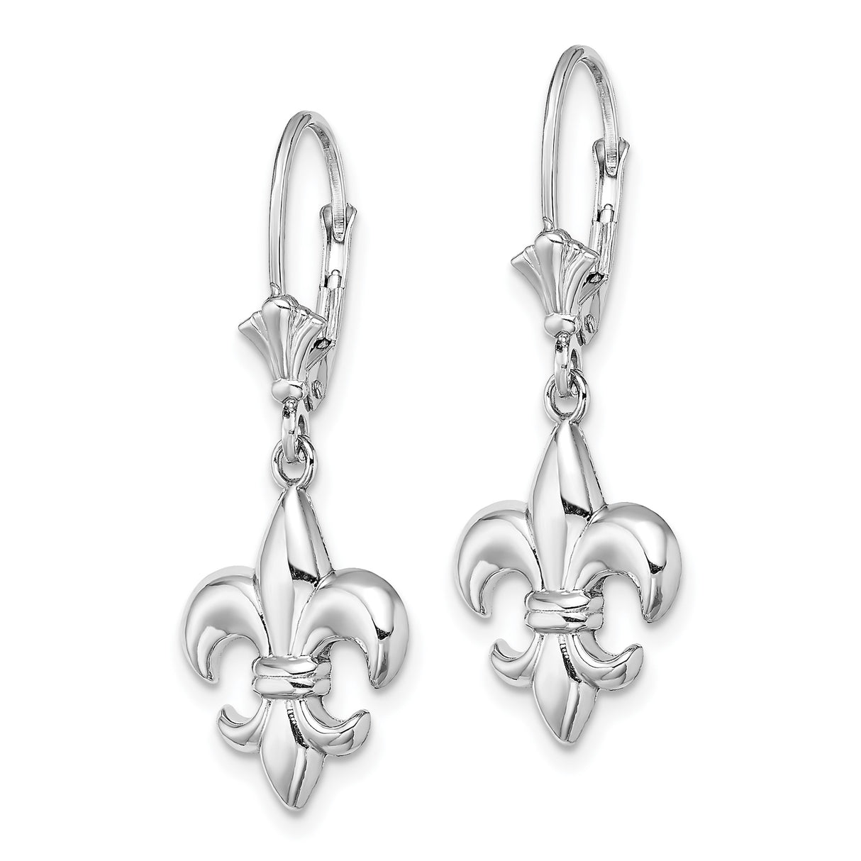 14k White Gold Dangle Earrings, Fleur-de-Lis Design, Leverback, French Heritage Style