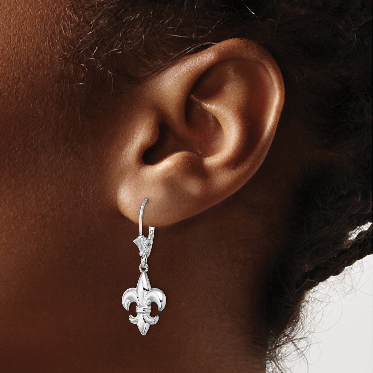 14k White Gold Dangle Earrings, Fleur-de-Lis Design, Leverback, French Heritage Style
