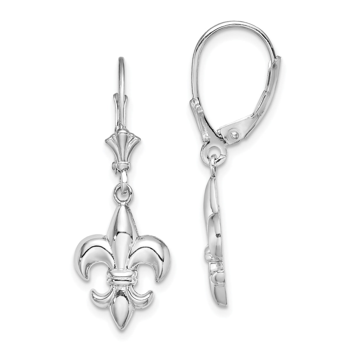 14k White Gold Dangle Earrings, Fleur-de-Lis Design, Leverback, French Heritage Style