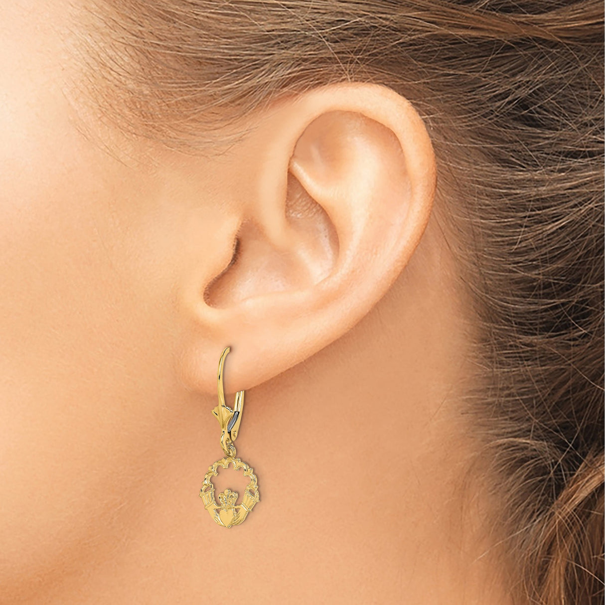 14k Yellow Gold Claddagh Dangle Earrings with Leverbacks, Celtic Crowned Heart and Hands Design