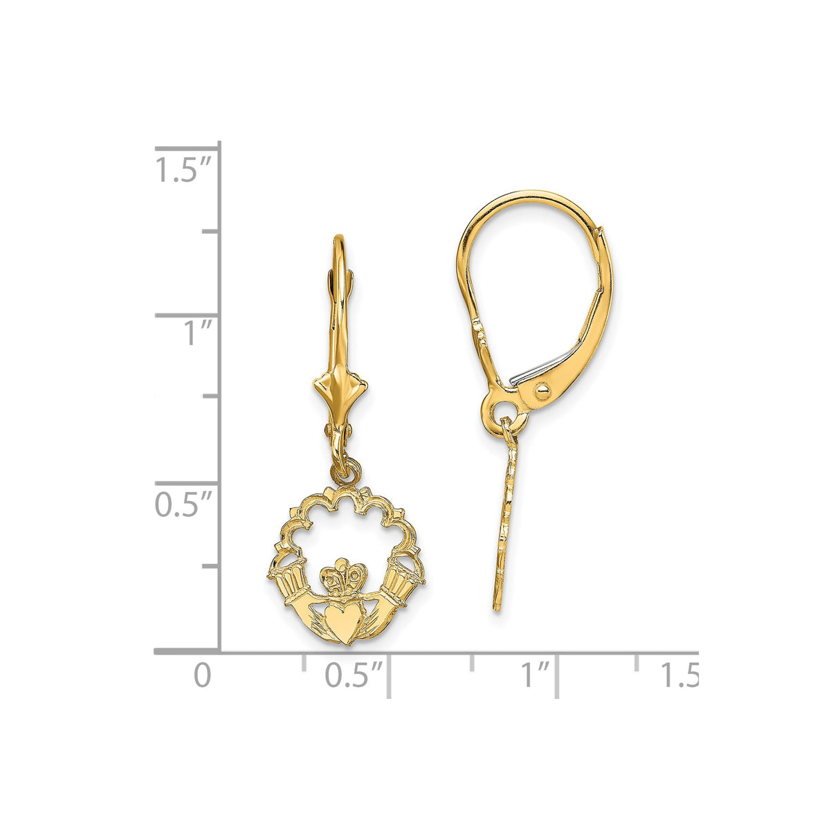 14k Yellow Gold Claddagh Dangle Earrings with Leverbacks, Celtic Crowned Heart and Hands Design