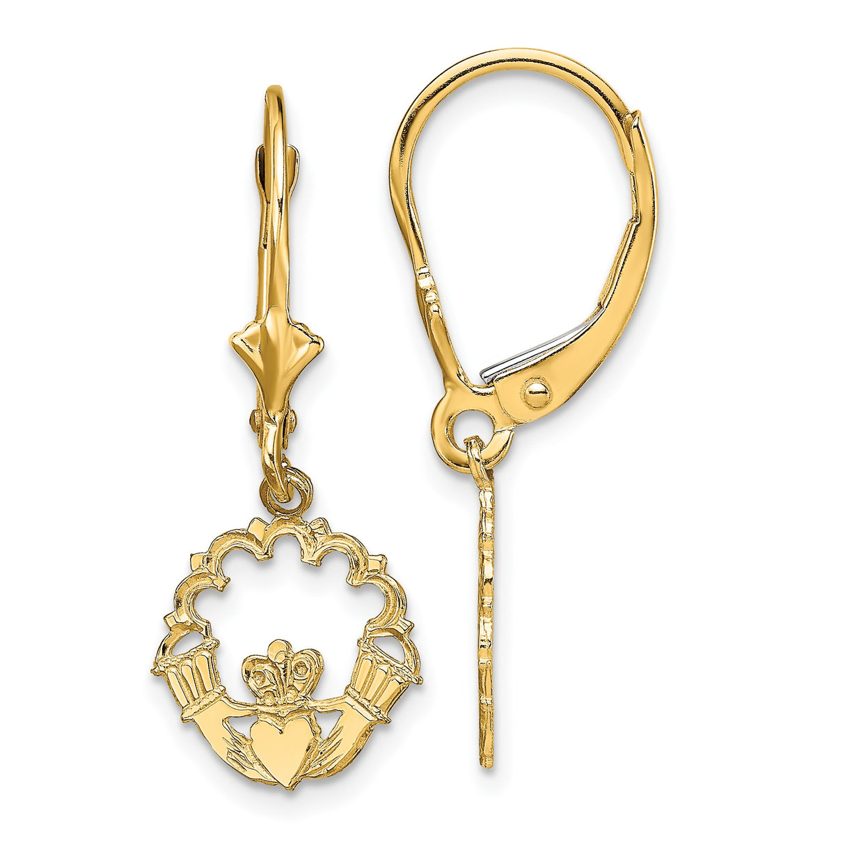 14k Yellow Gold Claddagh Dangle Earrings with Leverbacks, Celtic Crowned Heart and Hands Design