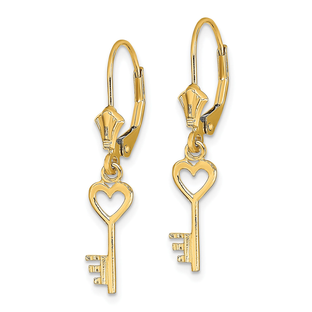 14k Yellow Gold Heart Key Dangle Earrings with Leverback Closure for Women