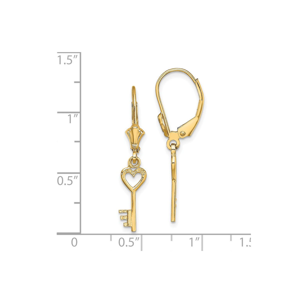 14k Yellow Gold Heart Key Dangle Earrings with Leverback Closure for Women