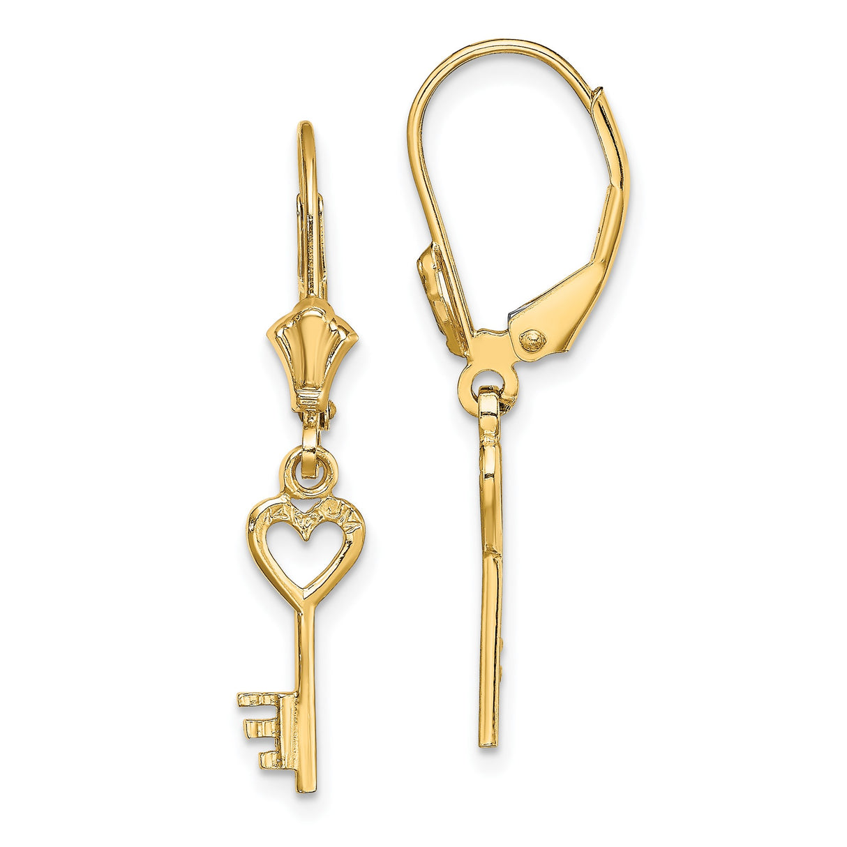 14k Yellow Gold Heart Key Dangle Earrings with Leverback Closure for Women