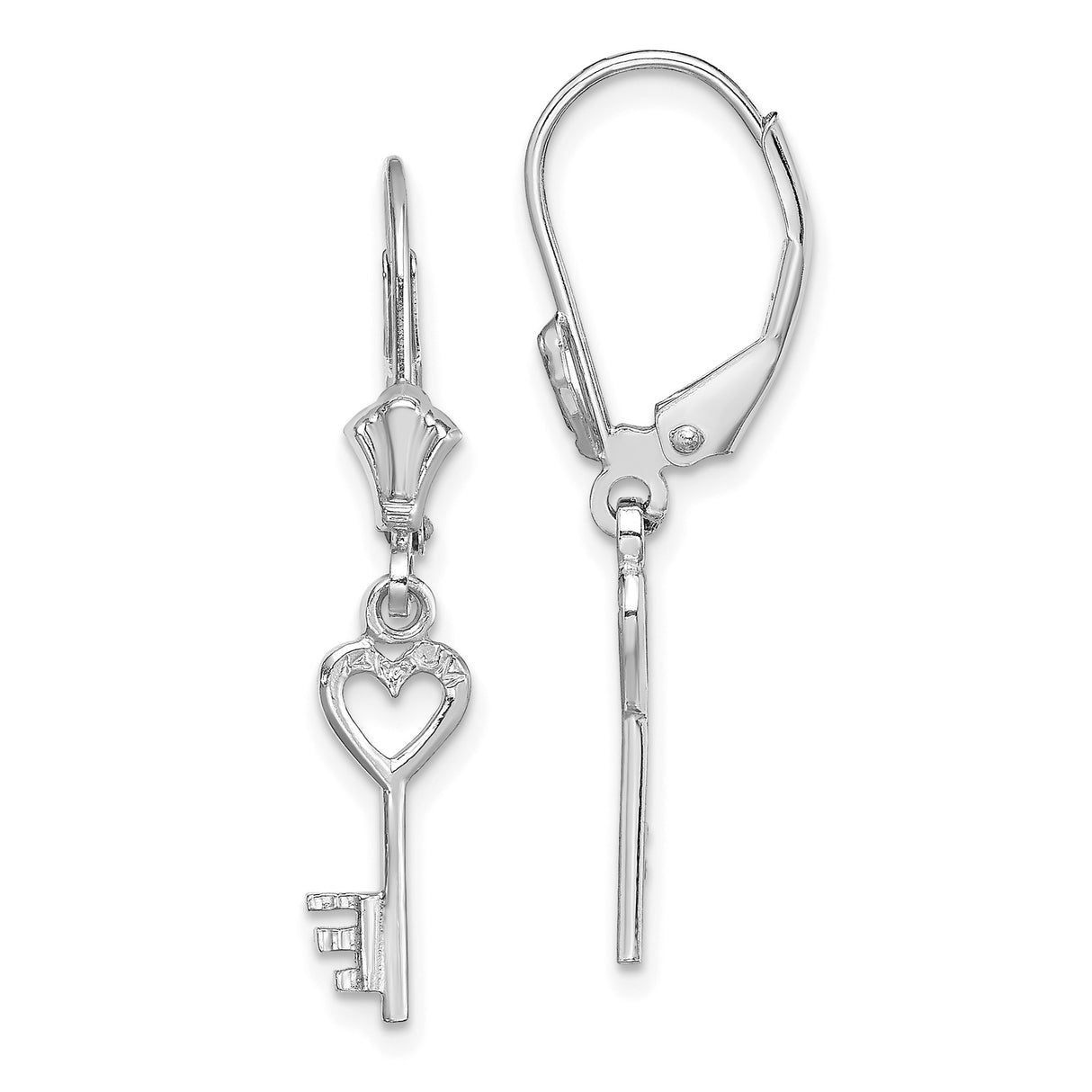 14k White Gold Dangle Earrings with Heart Key Charm, Leverback Drop Design for Women