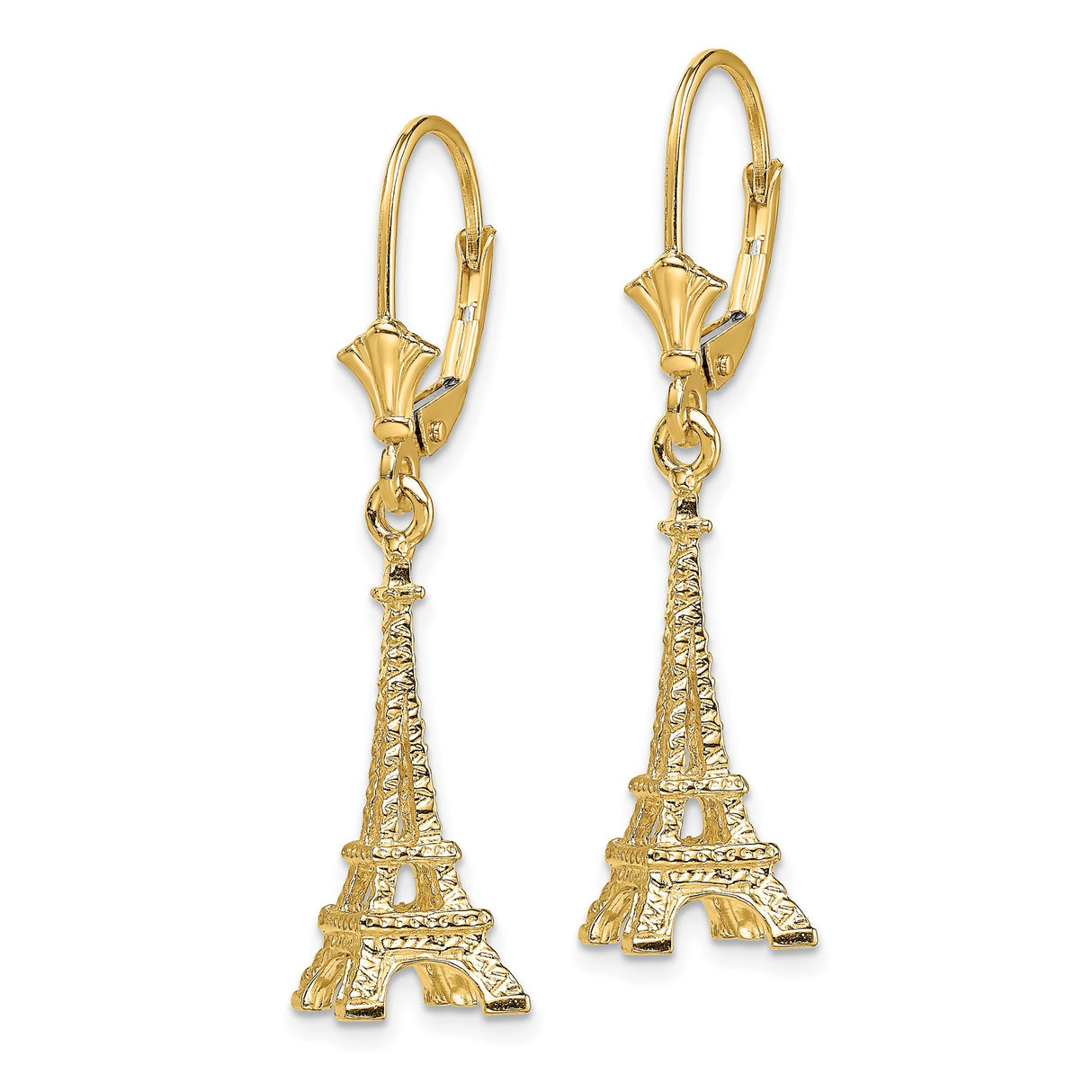 14k Yellow Gold Eiffel Tower Dangle Earrings, Paris Landmark Travel Theme for Women