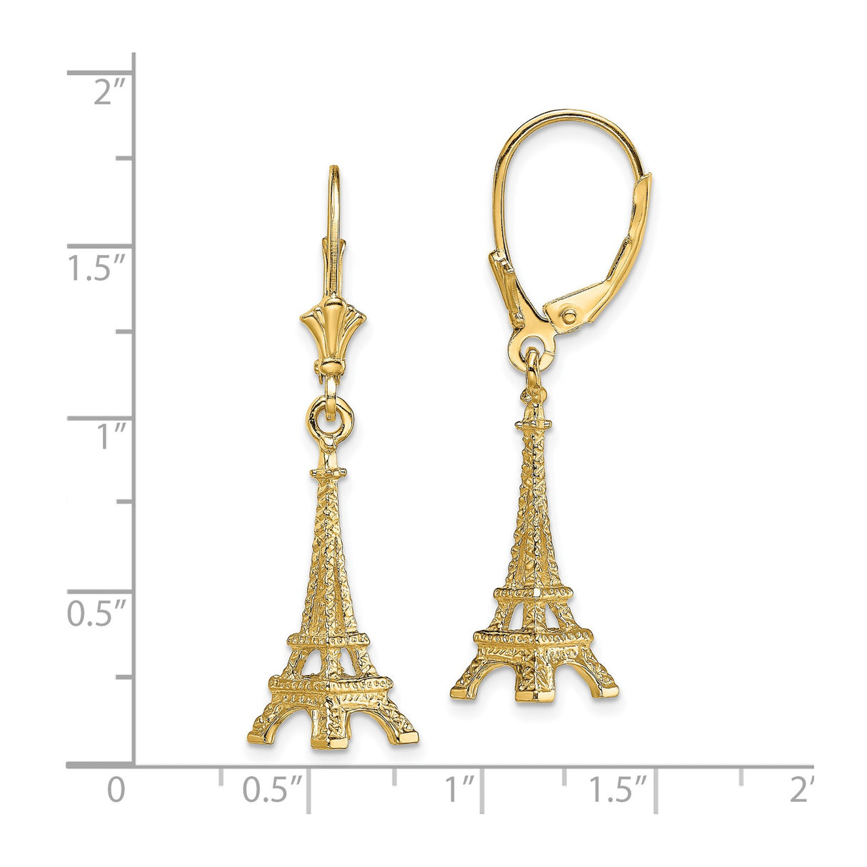 14k Yellow Gold Eiffel Tower Dangle Earrings, Paris Landmark Travel Theme for Women