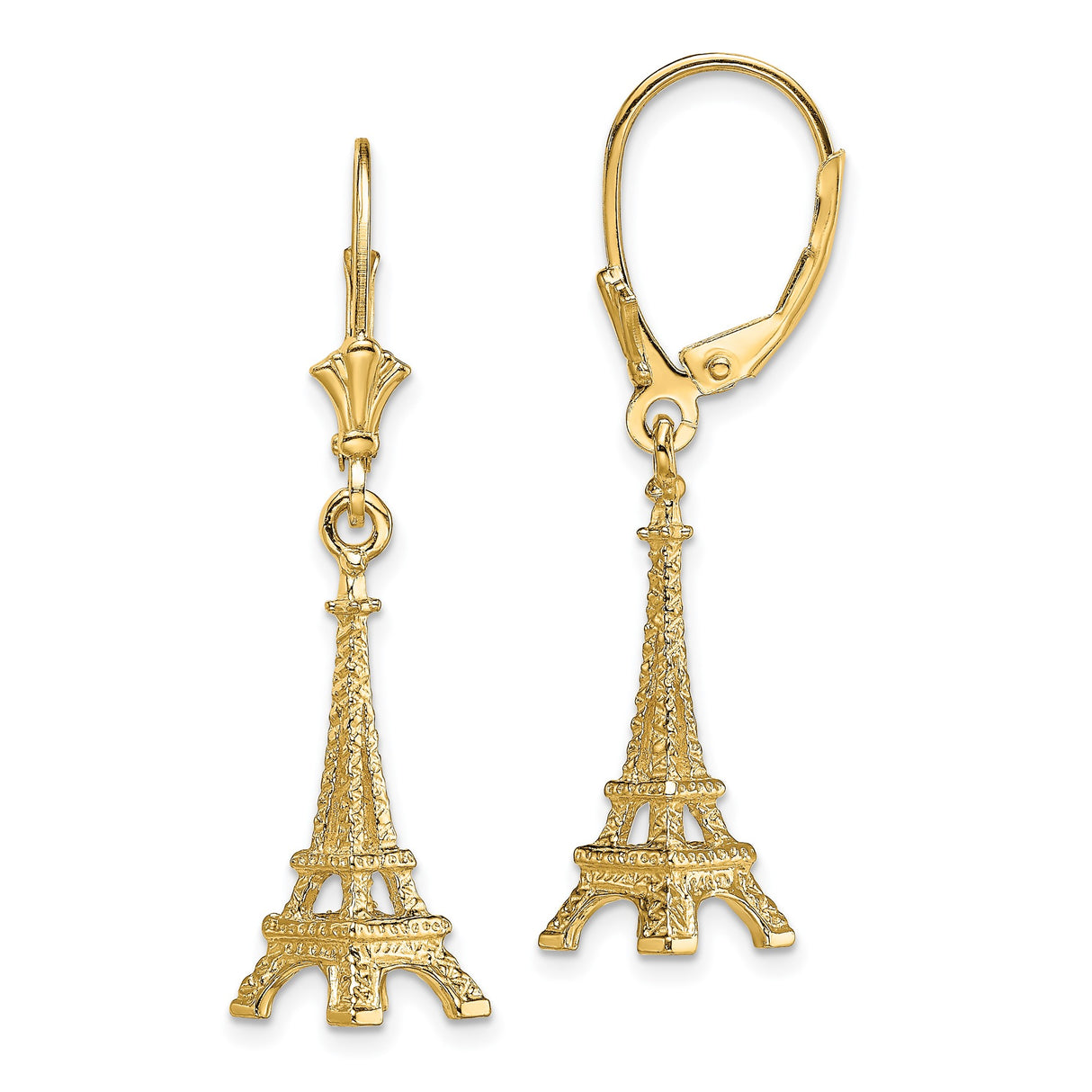 14k Yellow Gold Eiffel Tower Dangle Earrings, Paris Landmark Travel Theme for Women