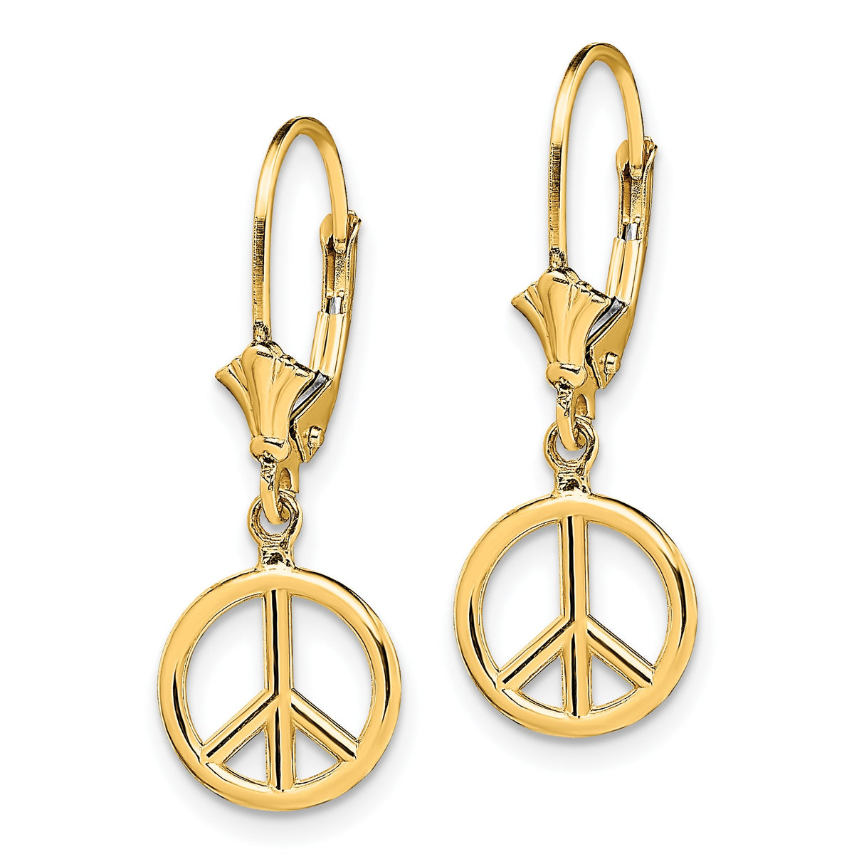 14k Yellow Gold Dangle Earrings with Peace Symbol Charm, Bohemian Leverback Style for Women