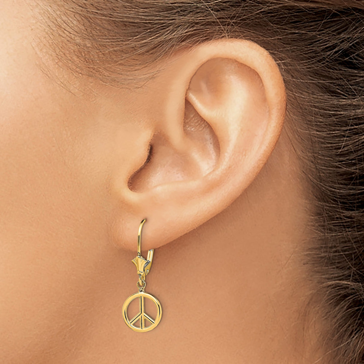 14k Yellow Gold Dangle Earrings with Peace Symbol Charm, Bohemian Leverback Style for Women