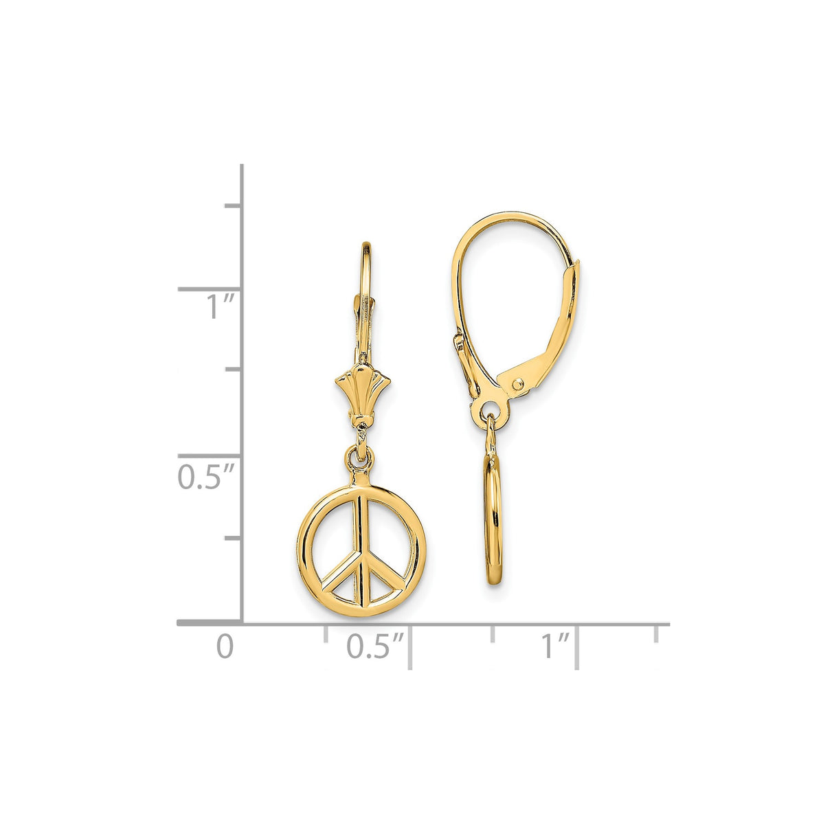 14k Yellow Gold Dangle Earrings with Peace Symbol Charm, Bohemian Leverback Style for Women