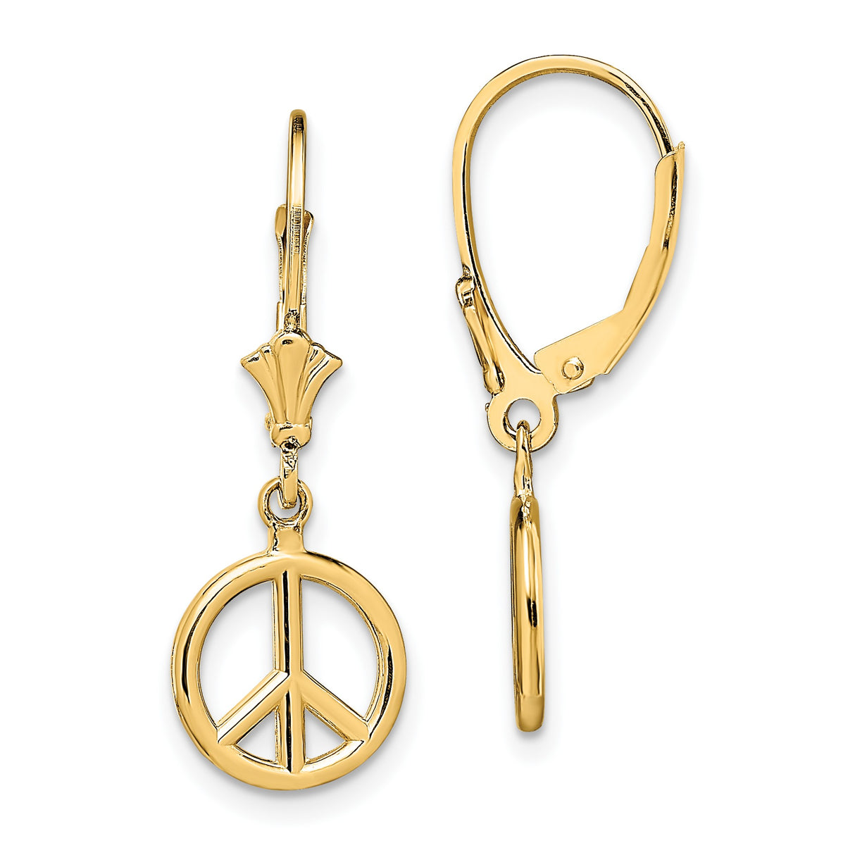 14k Yellow Gold Dangle Earrings with Peace Symbol Charm, Bohemian Leverback Style for Women